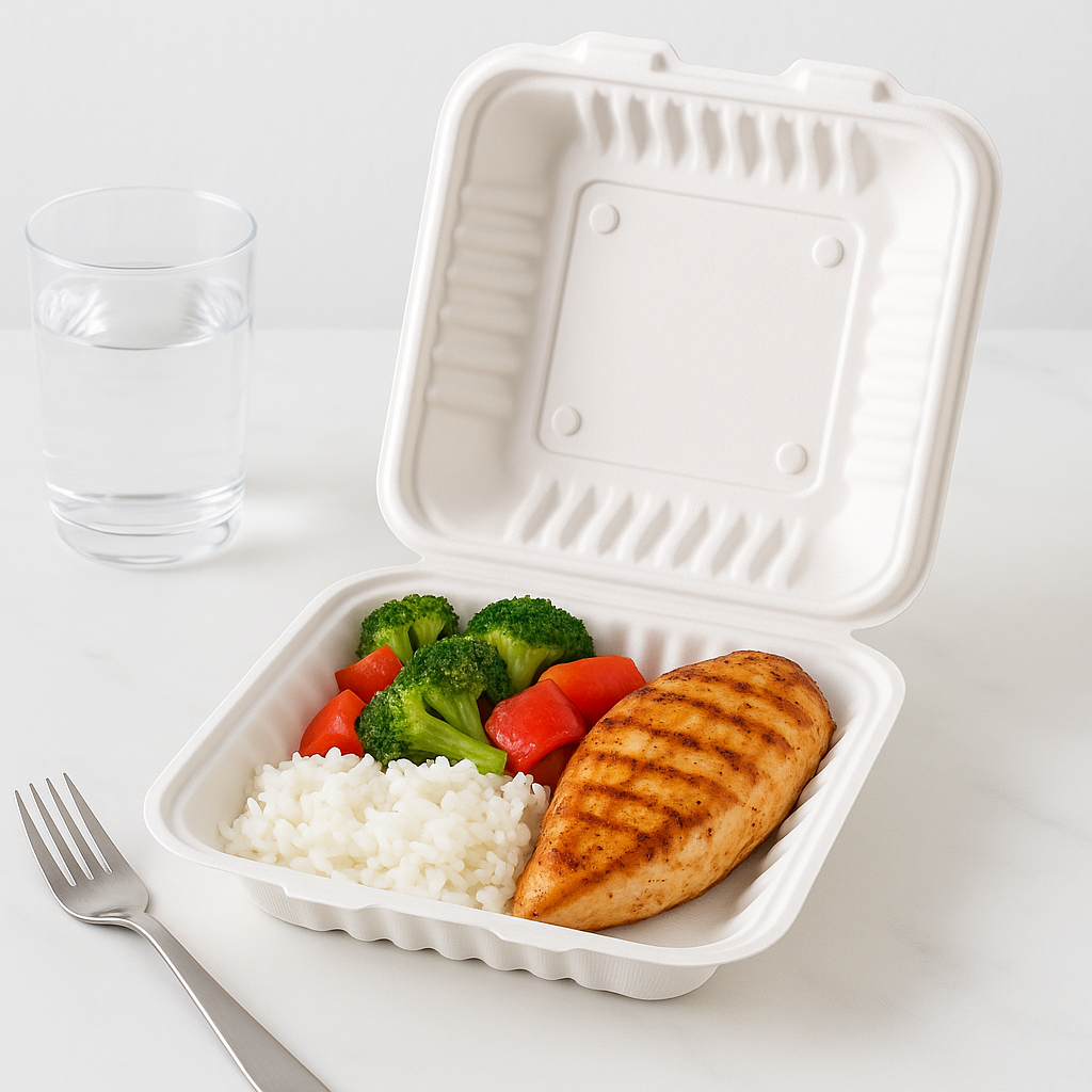 #81 Microwavable PP Square Clamshell Container With Vent Hole with food in it