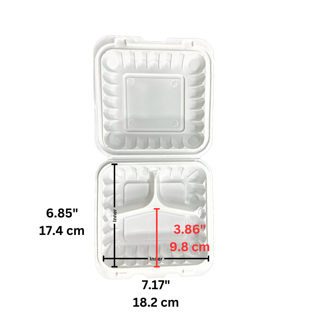 #83 | PP Square Clamshell Container W/ Hole | 3 Compartment | 8x8x3" - open