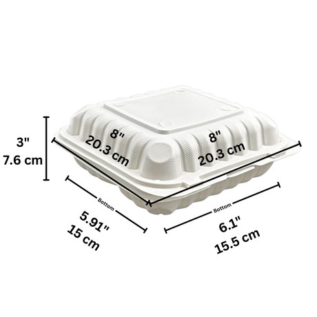 #83 | PP Square Clamshell Container W/ Hole | 3 Compartment | 8x8x3" - size