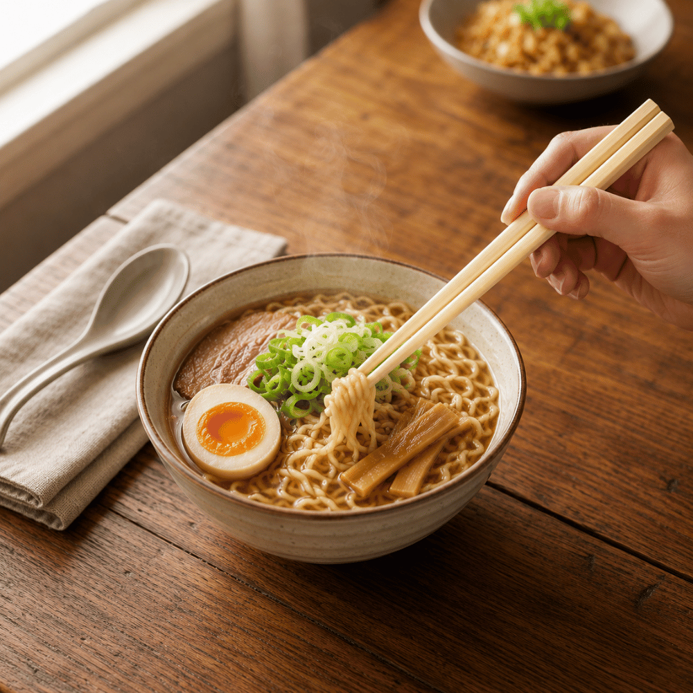 8" Individually Paper Wrapped Bamboo Chopsticks (2000 Pairs/Case) - in use Raman