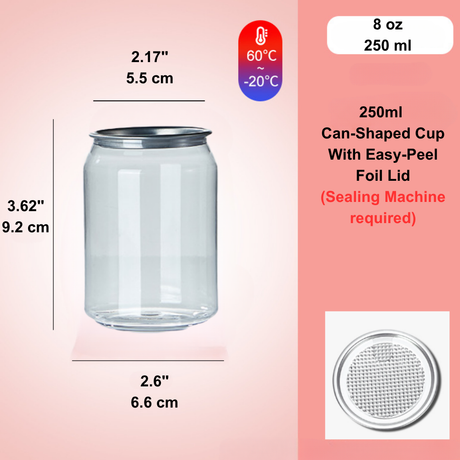 8oz Can-Shaped Clear PET Cup W/ Easy-Peel Foil Lid - 1000 Sets
