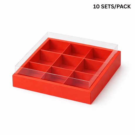 9-Gird Red Dessert Box W/ Clear Lid | 11.2x11.2x4" - 10 SETS