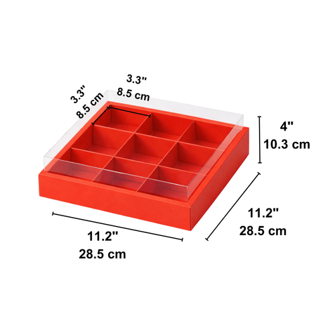 9-Gird Red Dessert Box W/ Clear Lid | 11.2x11.2x4" - SIZE