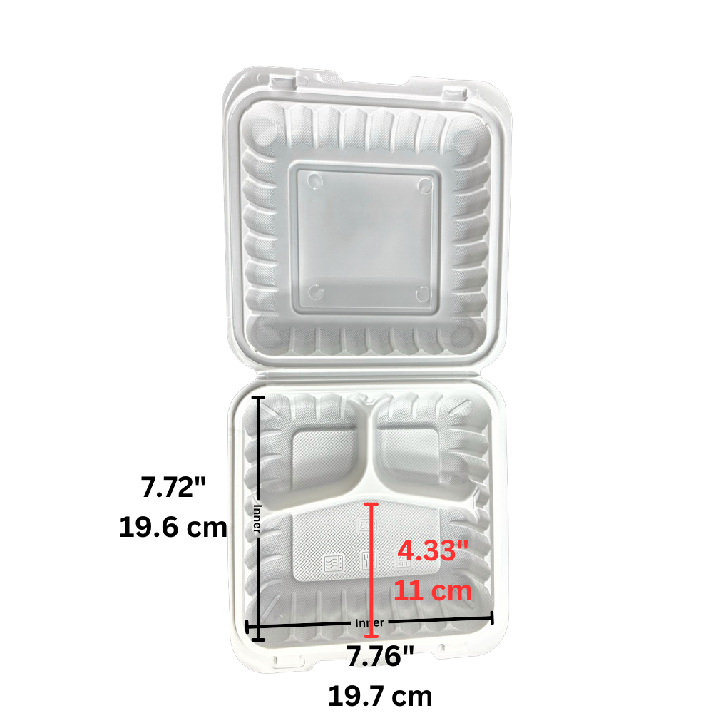 #93 | PP Square Clamshell Container W/ Hole | 3 Compartment | 9x9x3" - open