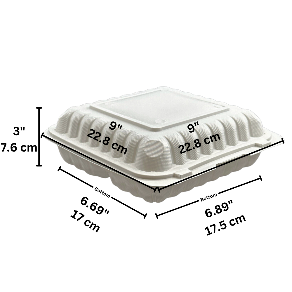 #93 | PP Square Clamshell Container W/ Hole | 3 Compartment | 9x9x3" - size