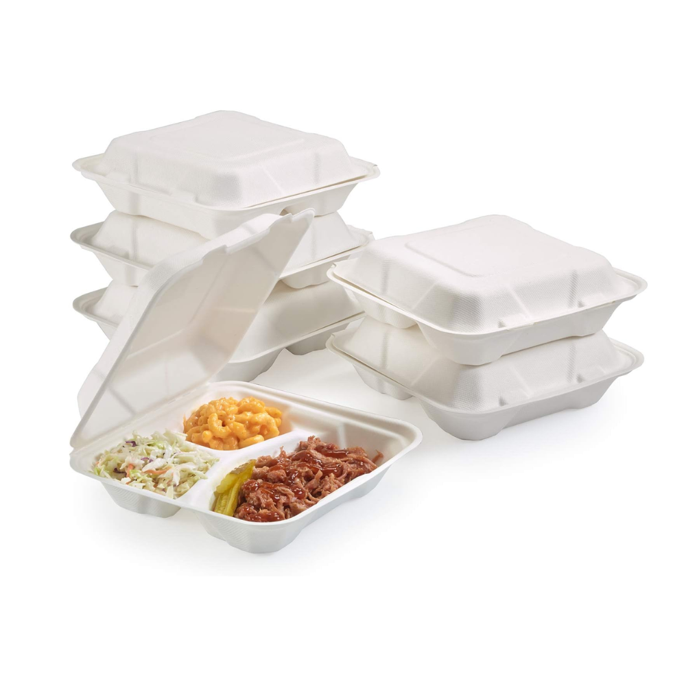 B031 Sugarcane Clamshell Container | 8x8x3" | 3 Compartment - 200 Pcs ...