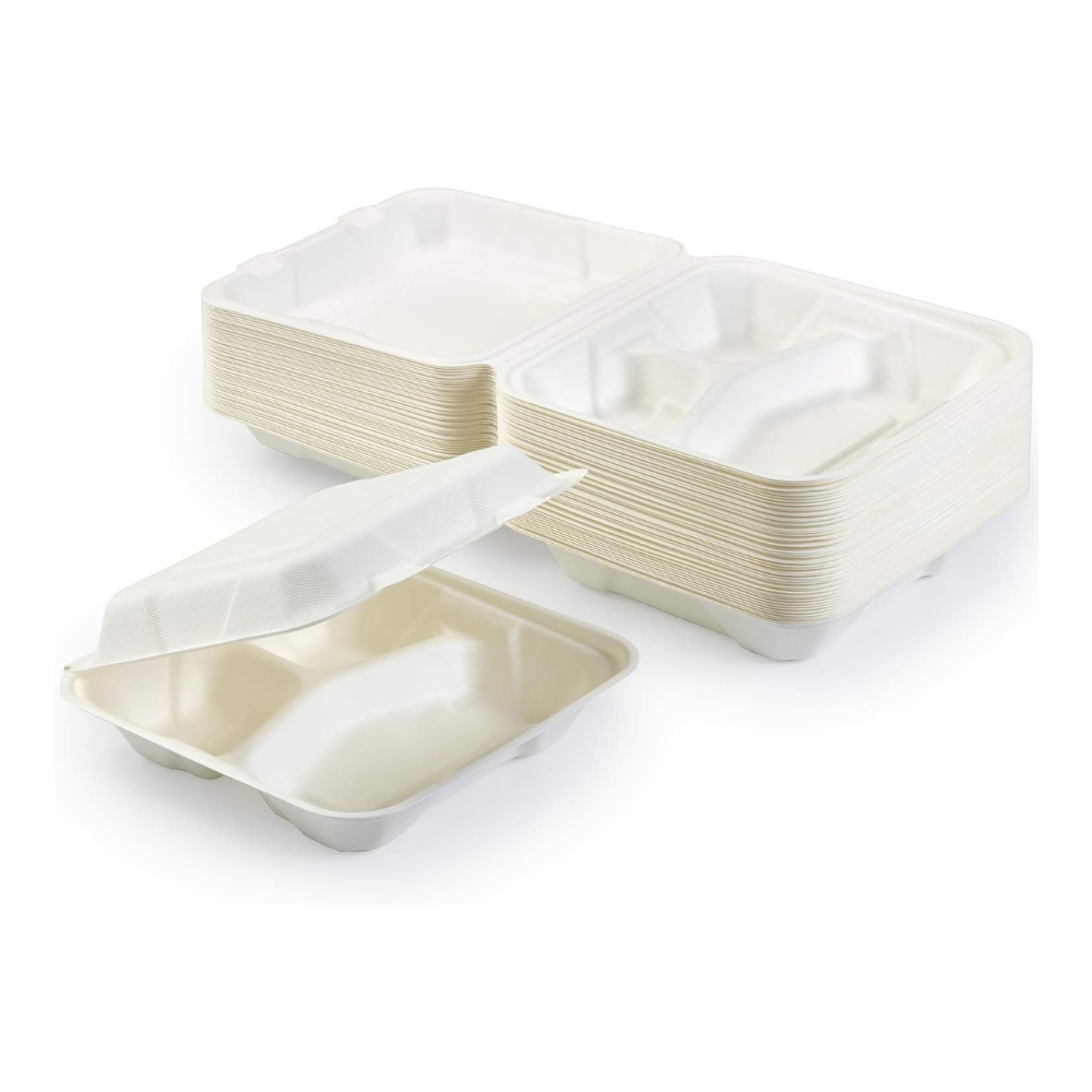 B031 | Sugarcane Clamshell Container | 8x8x3" | 3 Compartment - open