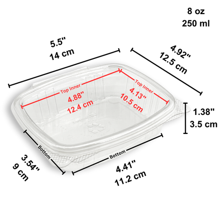 AD08 | 8oz PET Clear Rectangular Hinged Salad Container - size