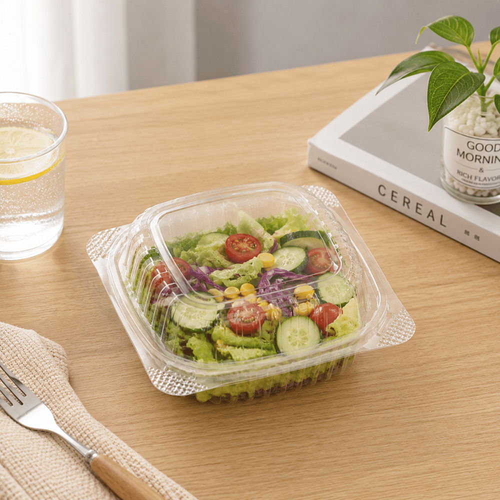 B07-OME-PET661 | Anti-fog Clear Hinged PET Container | 6x6x3"