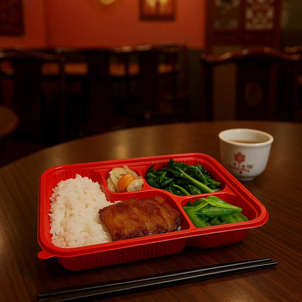 C01-OME-ATCLH32 | PP Red Rectangular Bento Box | 5 Compartment (Base Only)-with food