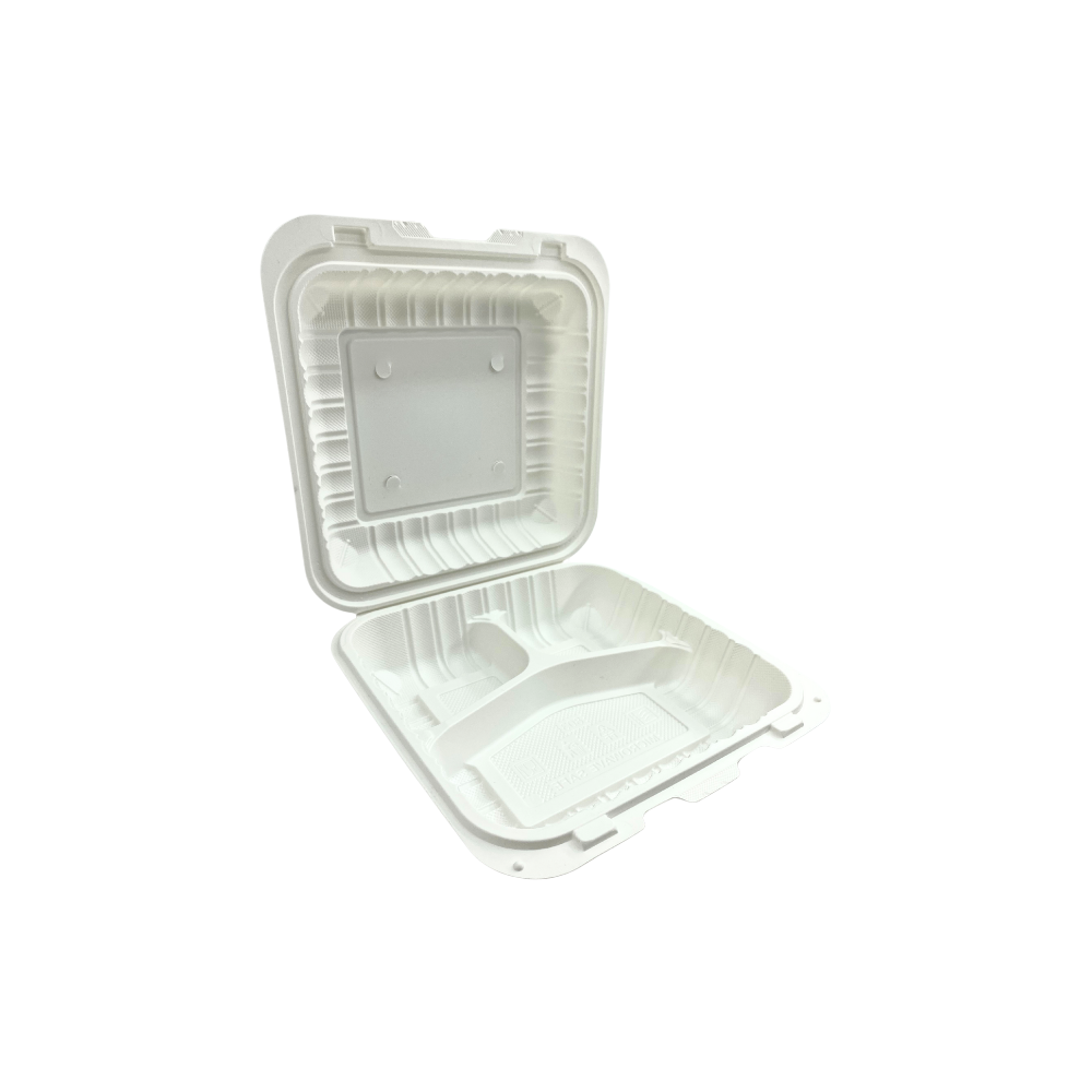 CY-83 | PP Square Clamshell Container W/ Vent Hole | 3 Compartment | 8x8x3" - open side