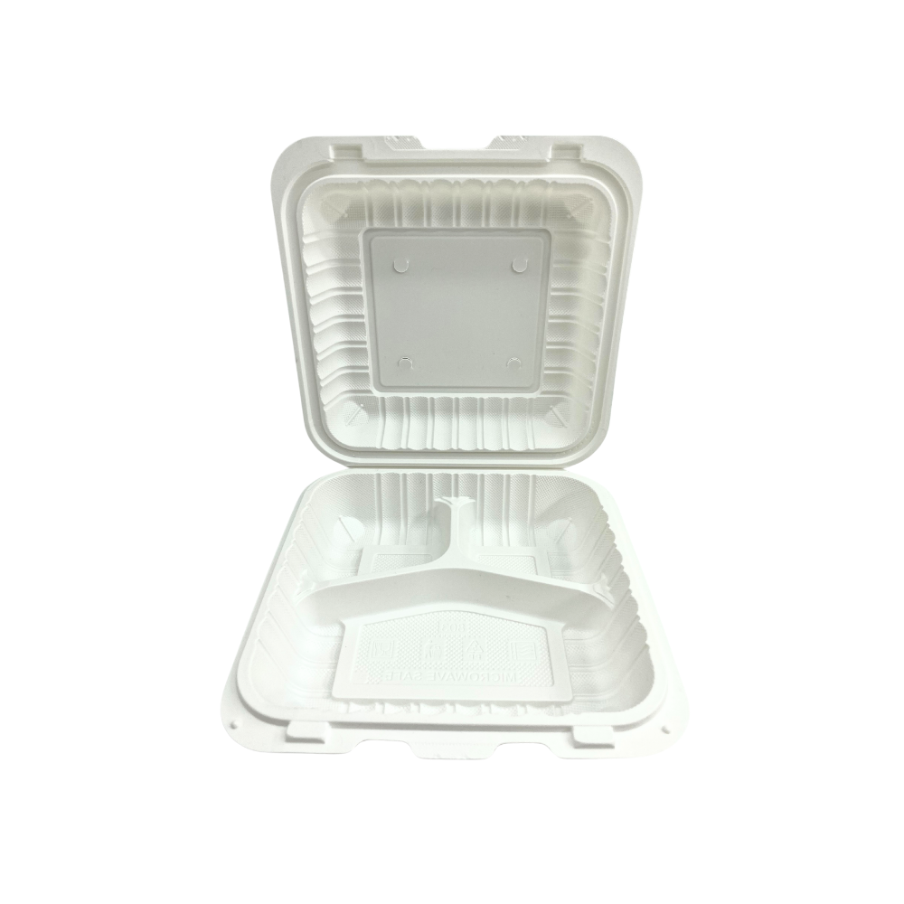 CY-83 | PP Square Clamshell Container W/ Vent Hole | 3 Compartment | 8x8x3"-open