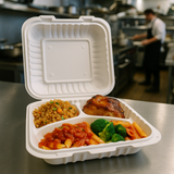 CY-83 | PP Square Clamshell Container W/ Vent Hole | 3 Compartment | 8x8x3"-with food