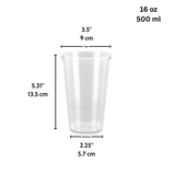 Size specifications for 16oz bubble tea clear cup showing 90mm top diameter and 500ml capacity