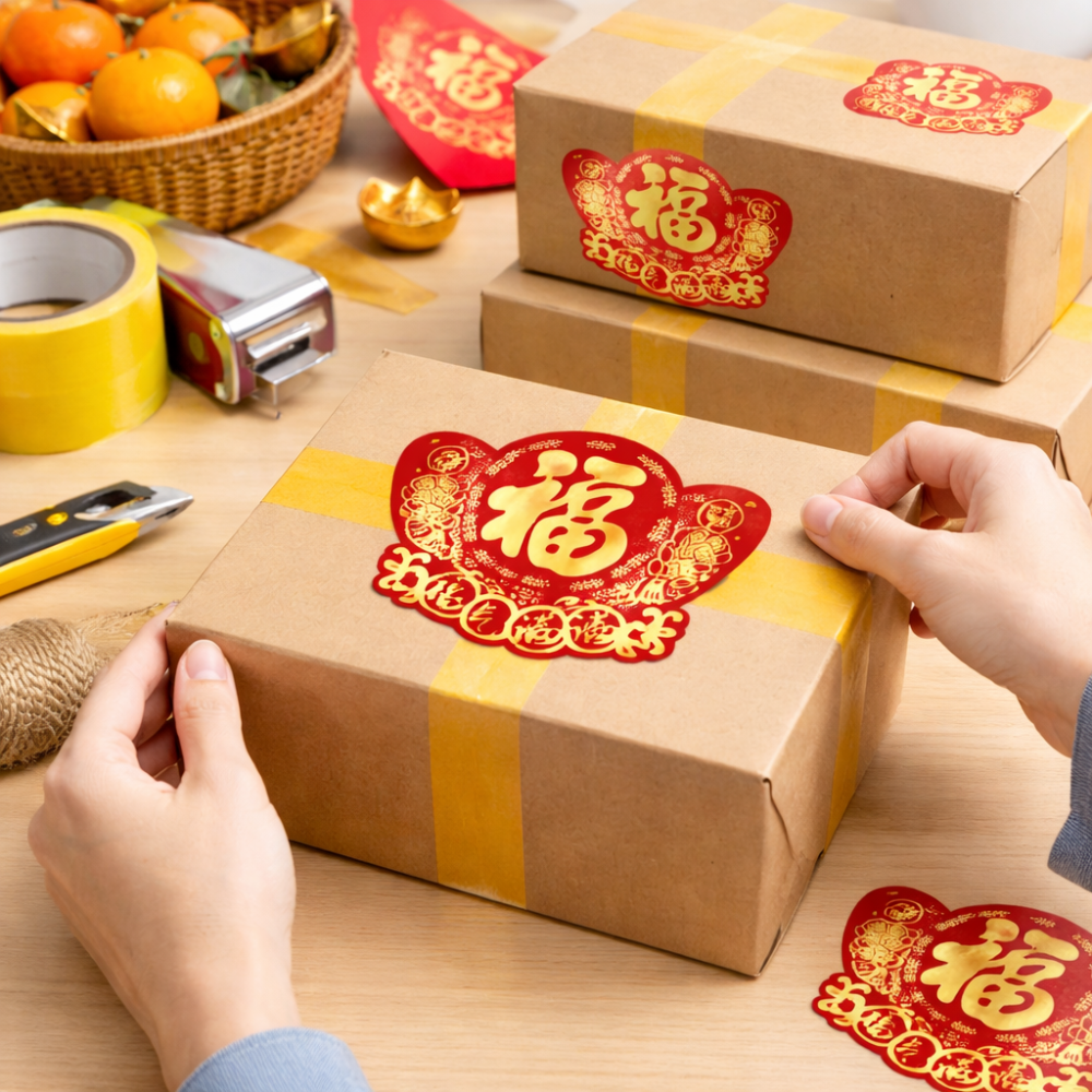 Chinese New Year Fu Sticker | Red & Gold Lucky Seal Label | 3.94x3.15" - on package