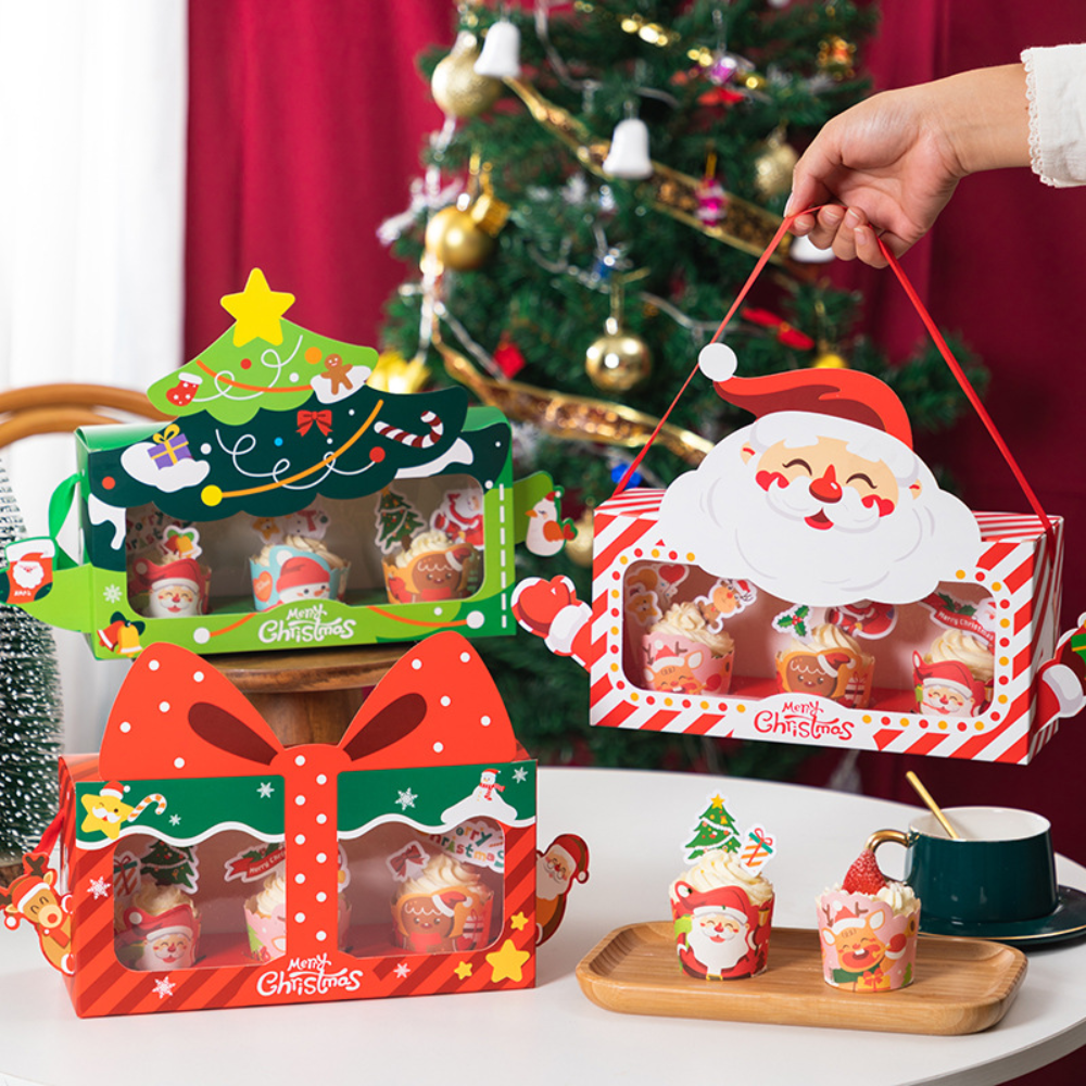 Christmas 3-Cupcake Box W/ Window & Handle - 5 Pcs