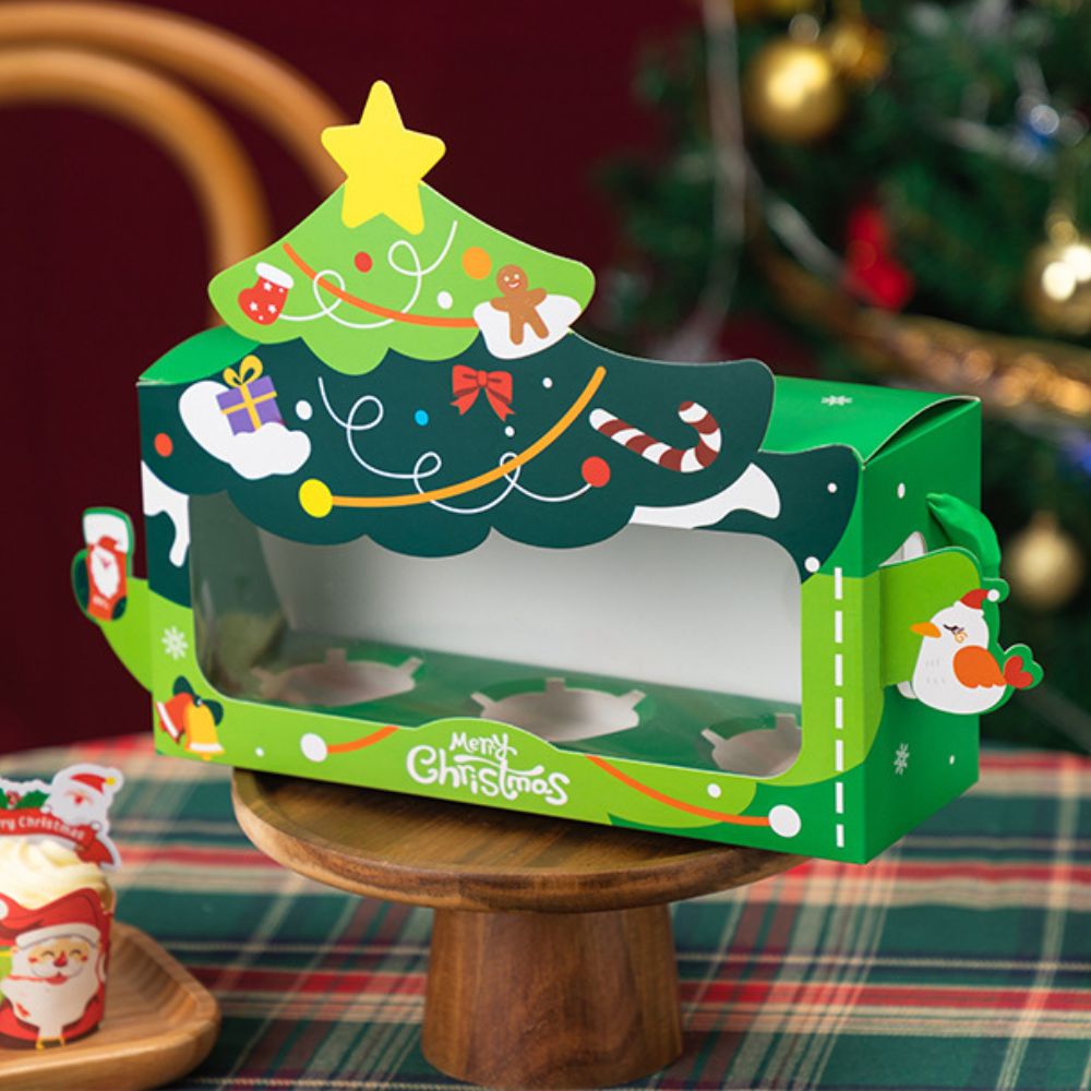 Christmas 3-Cupcake Box W/ Window & Handle - 5 Pcs