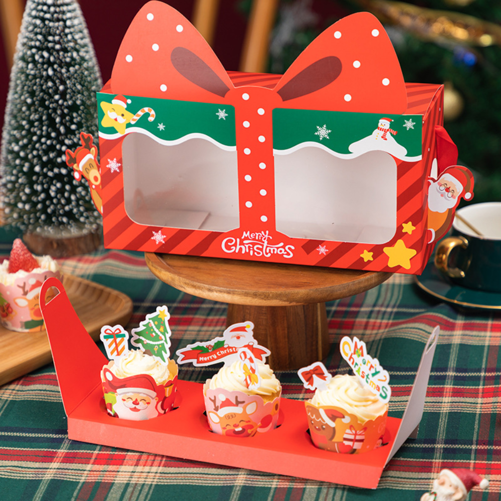 Christmas 3-Cupcake Box W/ Window & Handle - 5 Pcs