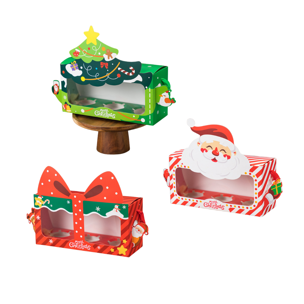 Christmas 3-Cupcake Box W/ Window & Handle - 5 Pcs