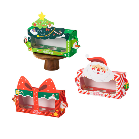 Christmas 3-Cupcake Box W/ Window & Handle - 5 Pcs