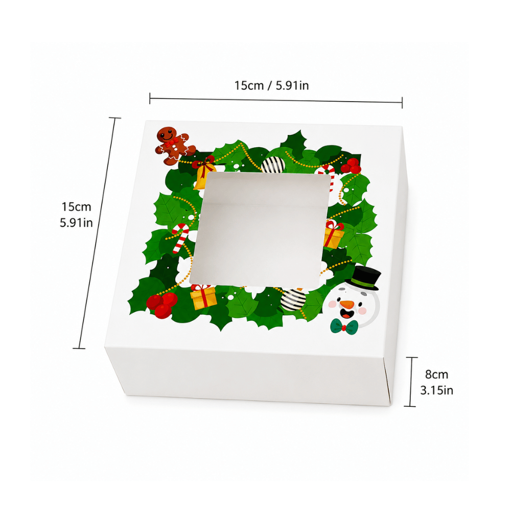 Christmas Holiday Bakery Boxes W/ Clear Window | 5.91x5.91x3.15" | Festive Cake & Cookie Gift Boxes - sizes