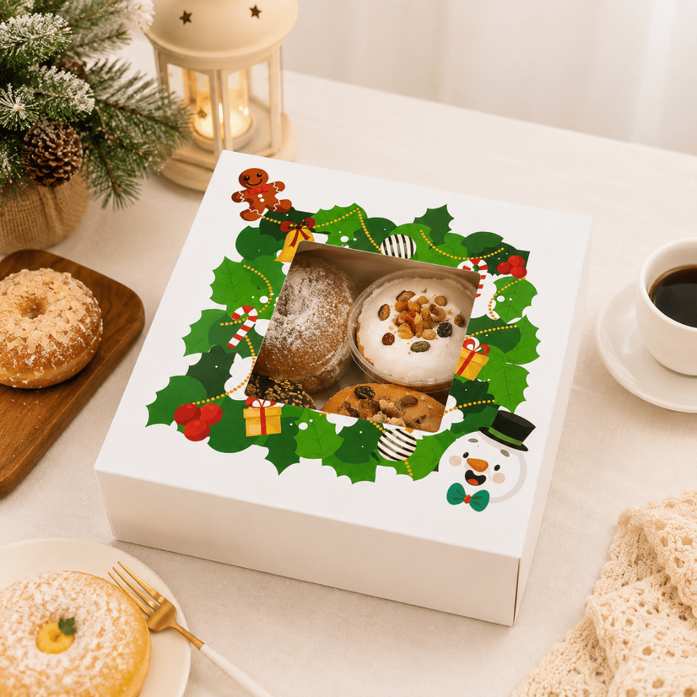 Christmas Holiday Bakery Boxes W/ Clear Window | 5.91x5.91x3.15" | Festive Cake & Cookie Gift Boxes - with pastry