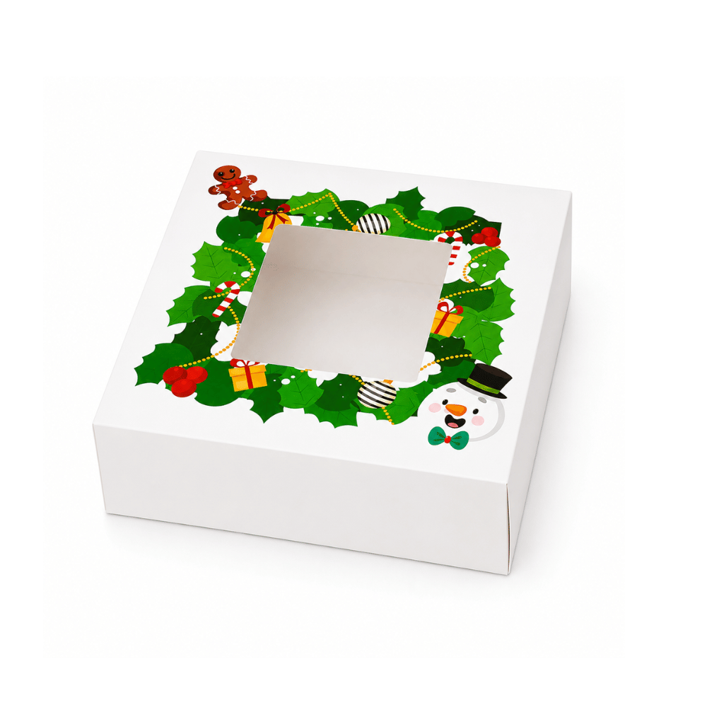 Christmas Holiday Bakery Boxes W/ Clear Window | 5.91x5.91x3.15" | Festive Cake & Cookie Gift Boxes - side