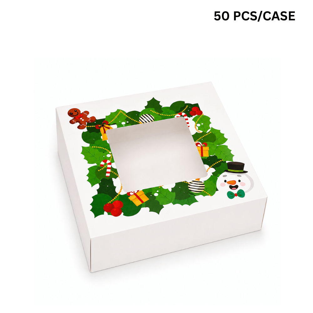 Christmas Holiday Bakery Boxes W/ Clear Window | 5.91x5.91x3.15" | Festive Cake & Cookie Gift Boxes (50 PCS/Case)