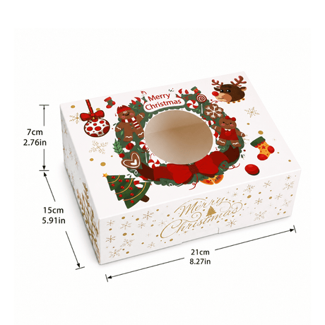 Christmas Holiday Bakery Boxes W/ Clear Window | Gingerbread & Reindeer | 8.27x5.91x2.76" - size