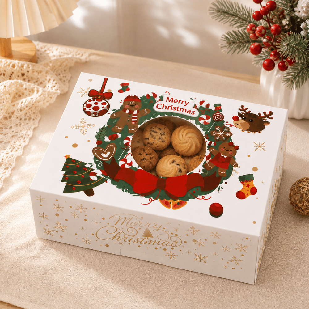 Christmas Holiday Bakery Boxes W/ Clear Window | Gingerbread & Reindeer | 8.27x5.91x2.76" - with cookie