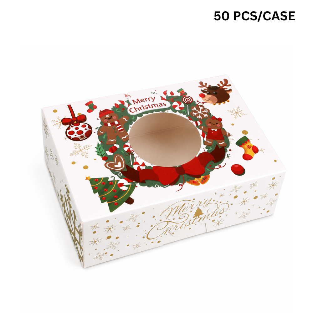 Christmas Holiday Bakery Boxes W/ Clear Window | Gingerbread & Reindeer | 8.27x5.91x2.76" (50 Pcs/Case)