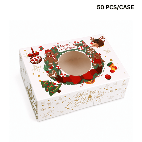 Christmas Holiday Bakery Boxes W/ Clear Window | Gingerbread & Reindeer | 8.27x5.91x2.76" (50 Pcs/Case)