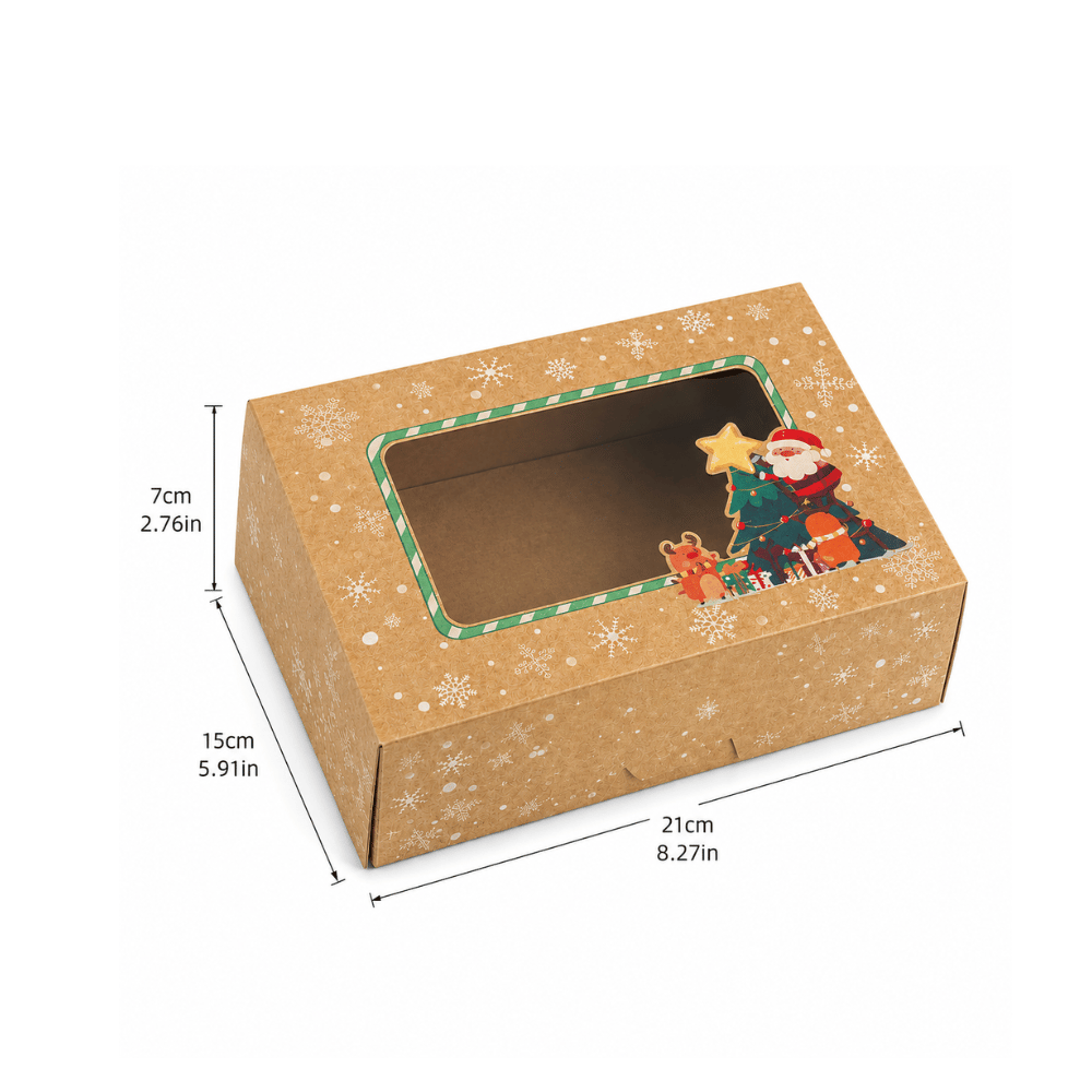 Christmas Holiday Bakery Boxes W/ Clear Window | Kraft Santa & Tree | 8.27x5.91x2.76" - size