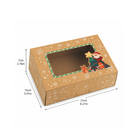 Christmas Holiday Bakery Boxes W/ Clear Window | Kraft Santa & Tree | 8.27x5.91x2.76" - size