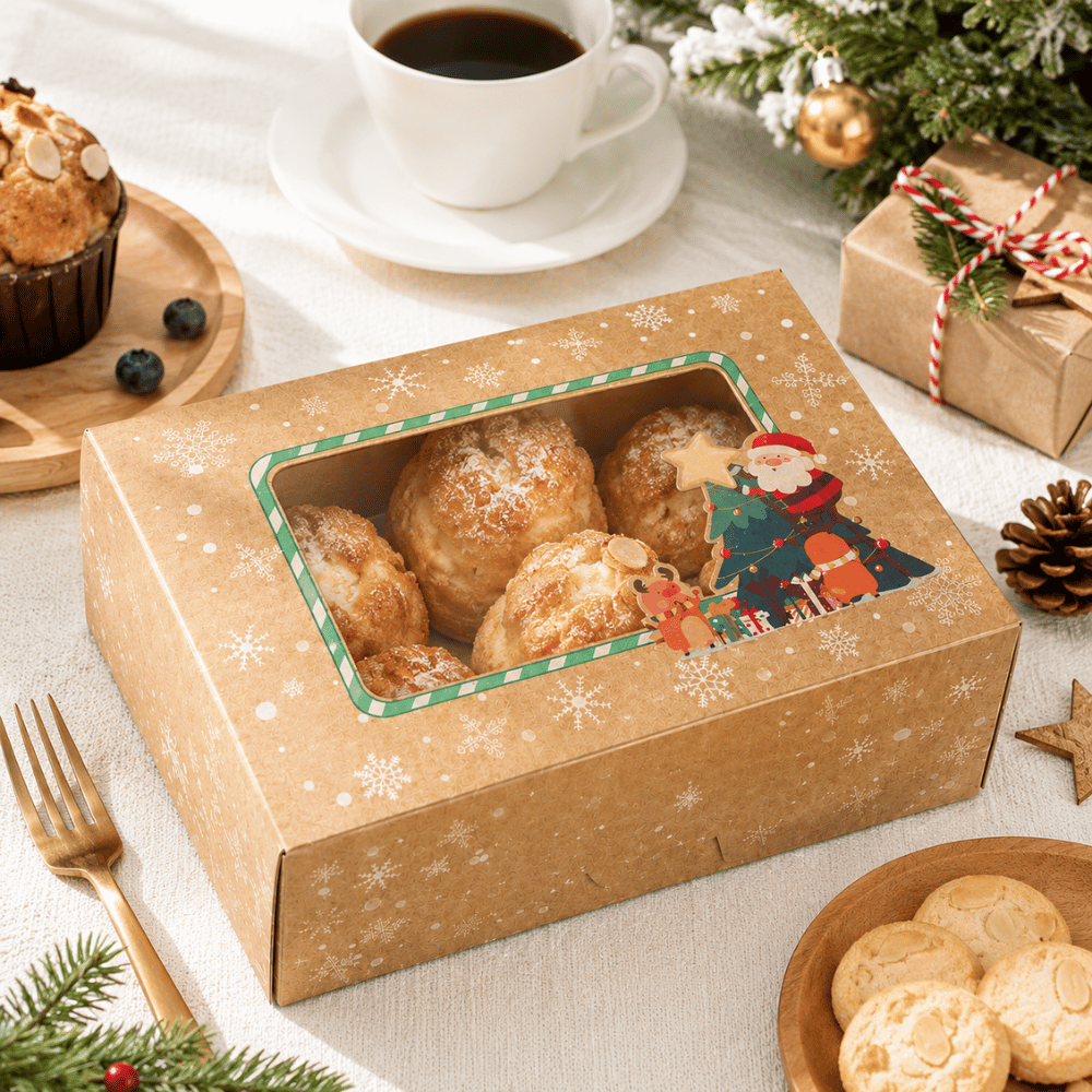 Christmas Holiday Bakery Boxes W/ Clear Window | Kraft Santa & Tree | 8.27x5.91x2.76" - with pastry