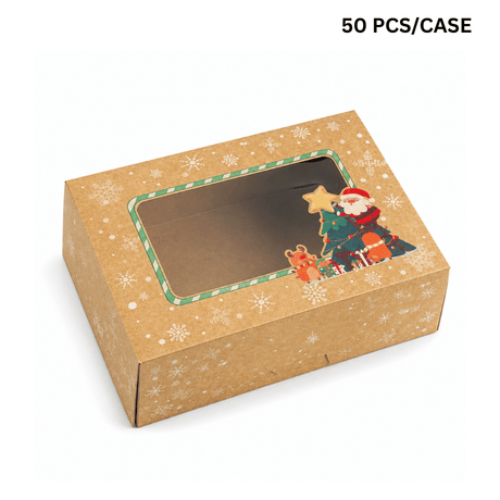 Christmas Holiday Bakery Boxes W/ Clear Window | Kraft Santa & Tree | 8.27x5.91x2.76" (50 Pcs/Case)