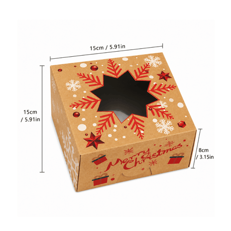 Christmas Holiday Bakery Boxes W/ Clear Window | Kraft Snowflake | 5.91x5.91x3.15" - size