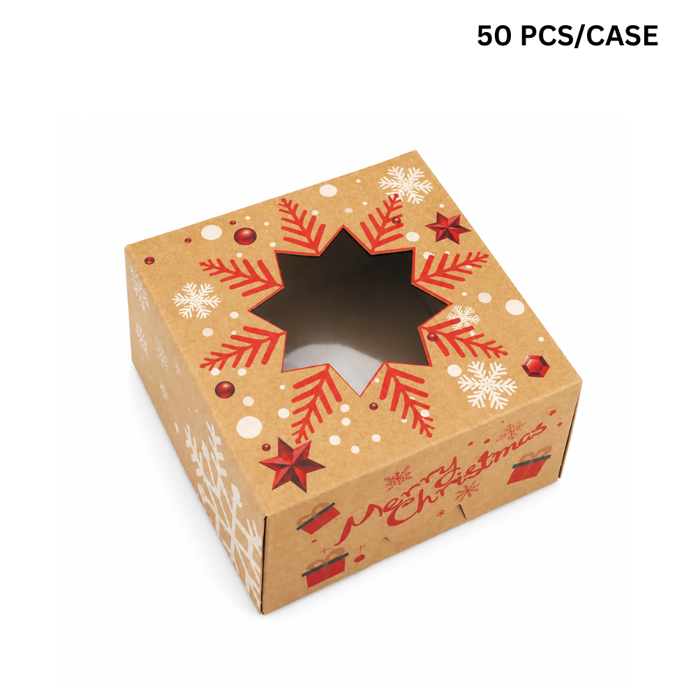 Christmas Holiday Bakery Boxes W/ Clear Window | Kraft Snowflake | 5.91x5.91x3.15" (50 Pcs/Case)