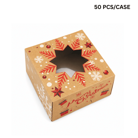 Christmas Holiday Bakery Boxes W/ Clear Window | Kraft Snowflake | 5.91x5.91x3.15" (50 Pcs/Case)