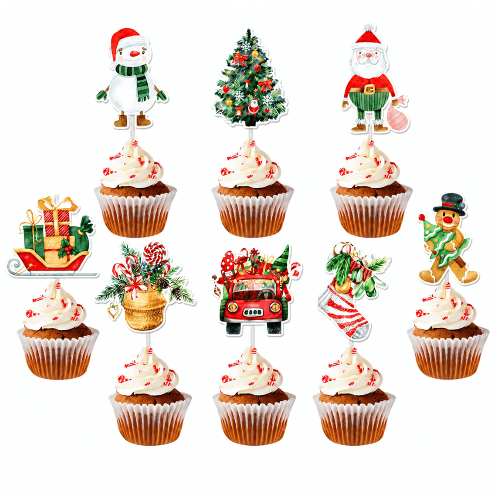 Christmas Holiday Cupcake Toppers W/ Paper Sticks | 12 Assorted Festive Designs | 300g Cardstock - on cupcakes