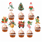 Christmas Holiday Cupcake Toppers W/ Paper Sticks | 12 Assorted Festive Designs | 300g Cardstock - on cupcakes