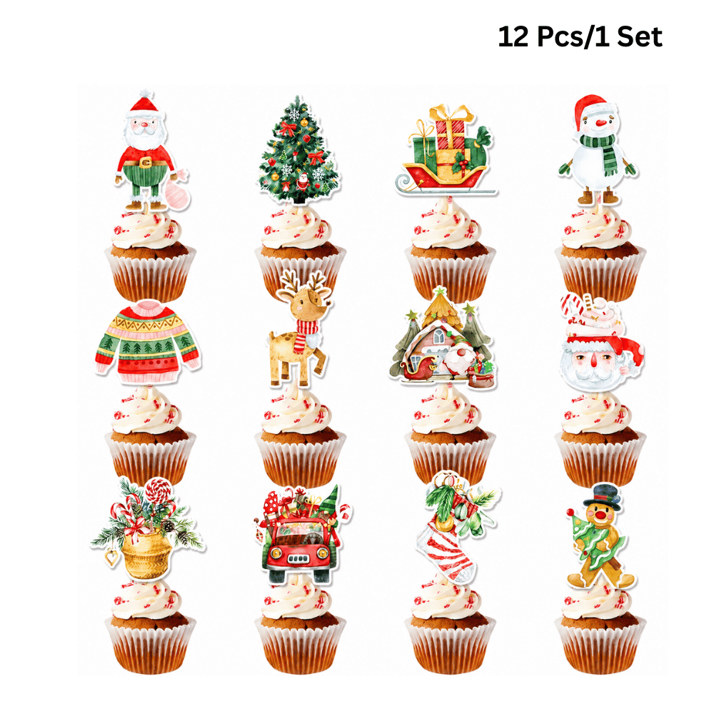 Christmas Holiday Cupcake Toppers W/ Paper Sticks | 12 Assorted Festive Designs | 300g Cardstock (12 Pcs/Set)