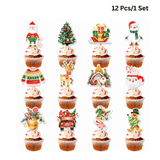 Christmas Holiday Cupcake Toppers W/ Paper Sticks | 12 Assorted Festive Designs | 300g Cardstock (12 Pcs/Set)