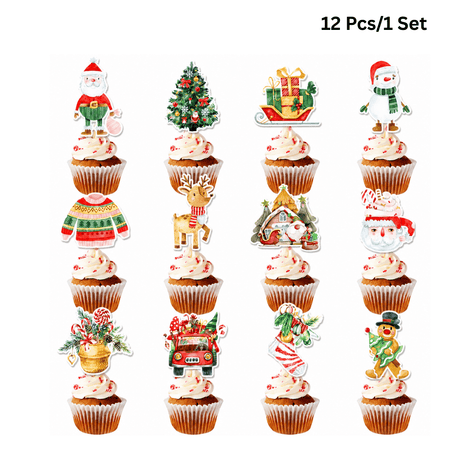 Christmas Holiday Cupcake Toppers W/ Paper Sticks | 12 Assorted Festive Designs | 300g Cardstock (12 Pcs/Set)