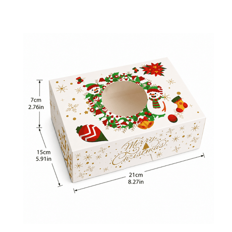 Christmas Holiday Rectangular Bakery Boxes W/ Clear Window | Snowman Wreath | 8.27x5.91x2.76" - size
