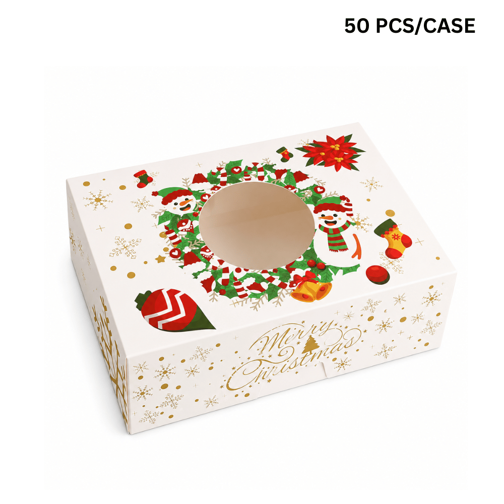 Christmas Holiday Rectangular Bakery Boxes W/ Clear Window | Snowman Wreath | 8.27x5.91x2.76" (50 Pcs/Case)