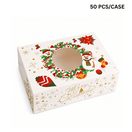 Christmas Holiday Rectangular Bakery Boxes W/ Clear Window | Snowman Wreath | 8.27x5.91x2.76" (50 Pcs/Case)