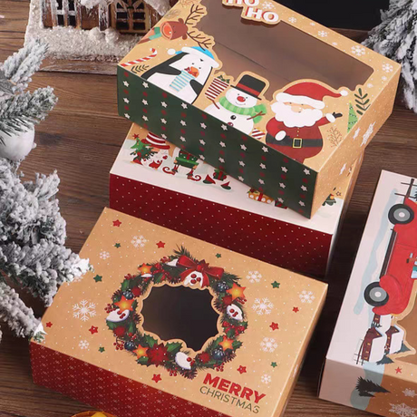 Christmas Kraft Paper Donut & Dessert Boxes W/ Window | 8.25x5.9x2.75 – 10 Pcs