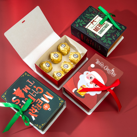 Christmas Magic Book Shaped Candy Gift Box | Red Santa or Green Leaf – 10 Sets