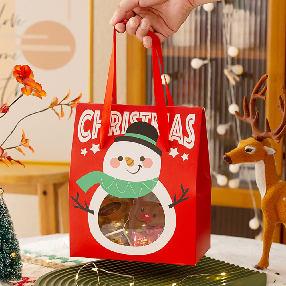 [Précommande] Sac cadeau de Noël avec fenêtre et poignée | Père Noël et bonhomme de neige - 10 pièces